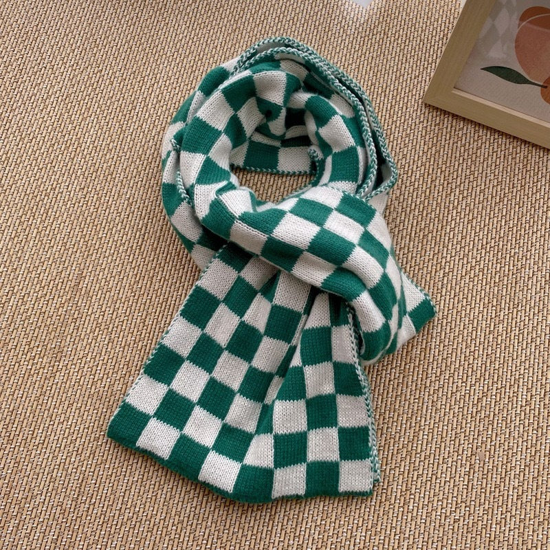 Houndstooth and Wave Pattern Print Scarf Winter Fashion Versatile Knitted Woolen Scarf