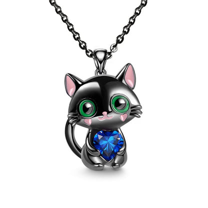 Black Cat Necklace Red Blue Purple White Heart Rhinestone Kitty Pendant Sweater Chain Necklaces