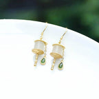 Natural Hetian Jade Prayer Wheel Earrings Silver