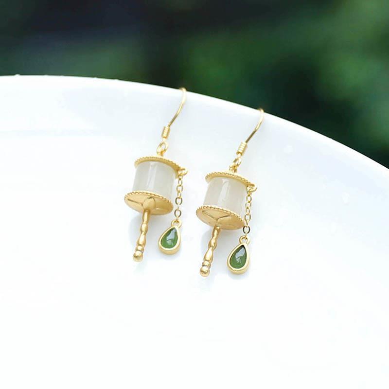 Natural Hetian Jade Prayer Wheel Earrings Silver