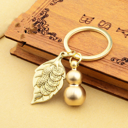 Chinese Zodiac Pure Brass Dustpan Gourd Lucky Leaf Keychain