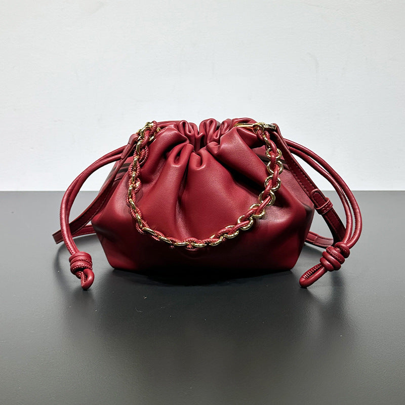 Chinese Style Crossbody Bag Cowhide Lucky Bag Drawstring Clouds