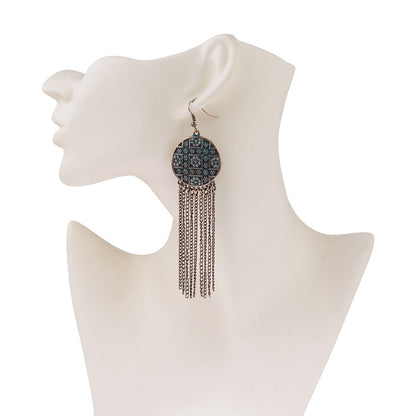 Chinese Retro Ethnic Style Exaggerated And Personalized Totem Pattern Creative Alloy Long Fringe Earrings