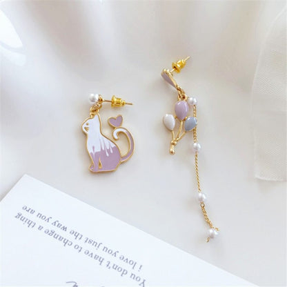 S925 Silver Needle Cute Cat Asymmetric Balloon Earrings Pearl Tassel Earrings