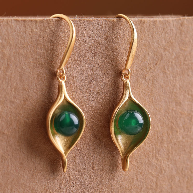 Chinese Female Temperamental Earrings Green Agate Retro