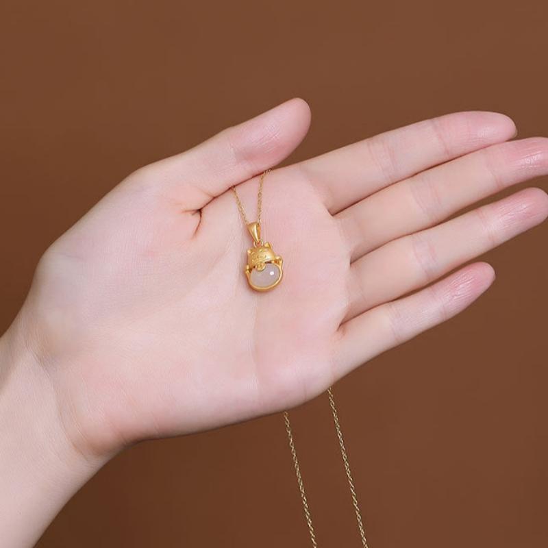 Lucky Cat Jade Pendant Hetian or Chalcedony Gift Necklace for Her-3