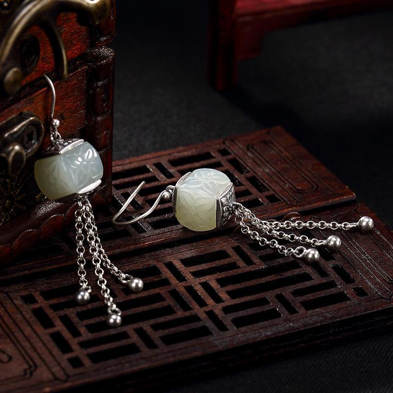 Inlaid Hetian Jade Linglan Pattern Long Earrings