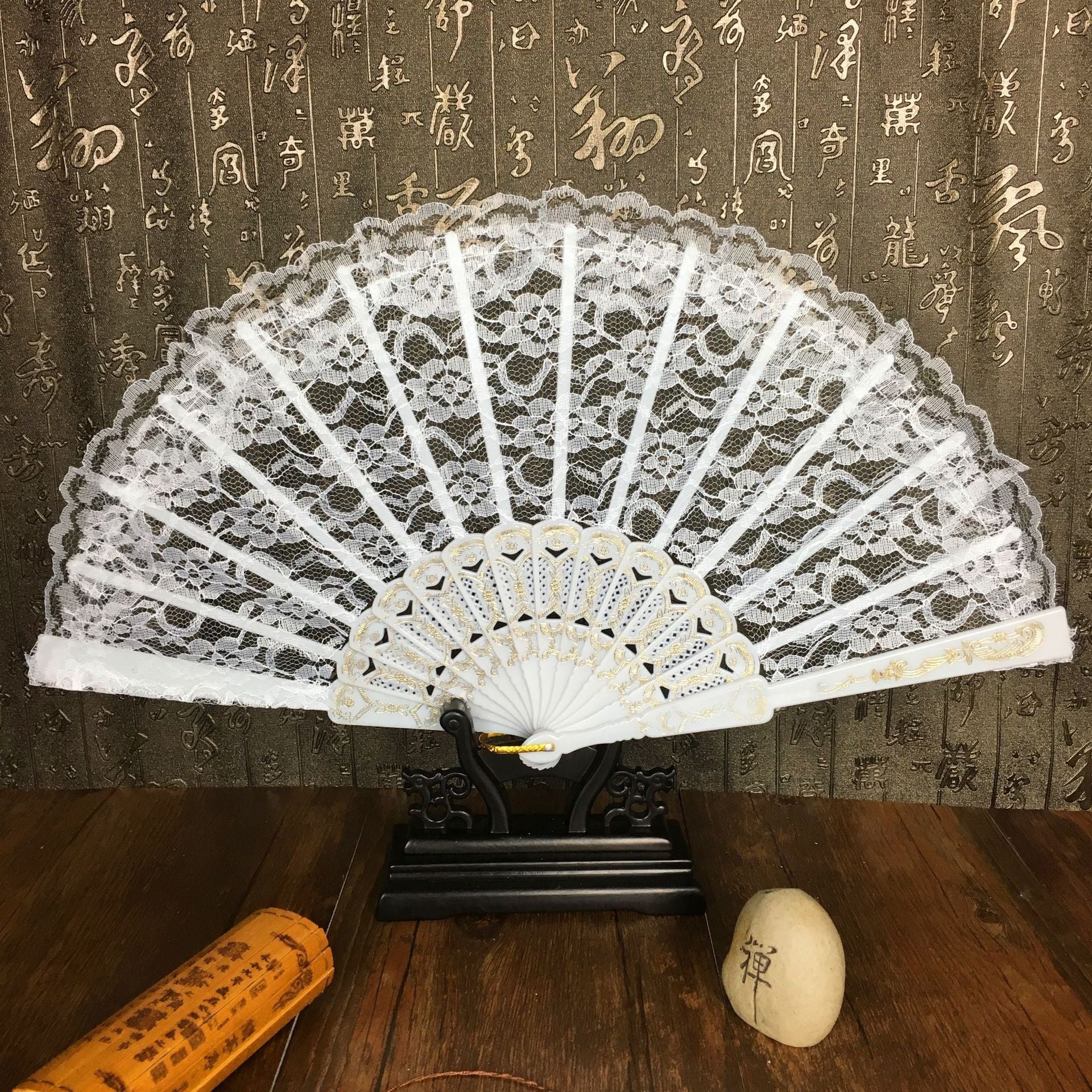 Chinese Lace Dance Fan in Classical Wing Chun Style with Bamboo Frame-4