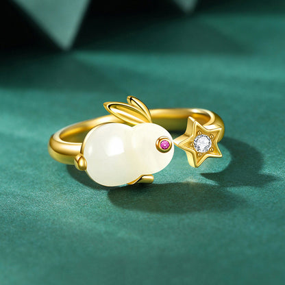 Trendy Simple Cute Animal Year Jade Hare Ring