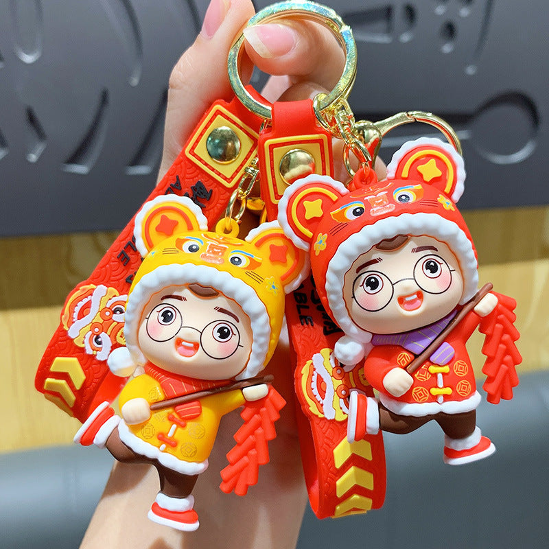 Chinese New Year Lantern Firecracker Cute Tiger Head Doll Keychain