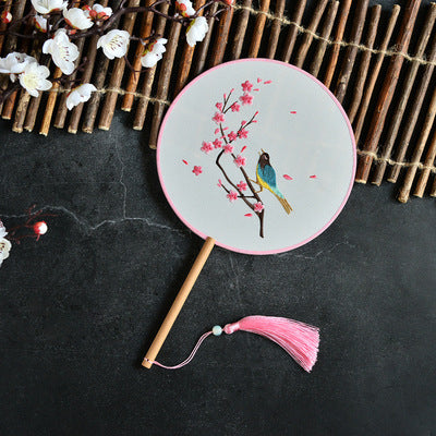 Chinese Style Embroidery Long Handle Fan Hanfu Double-sided Antique Gift Photo Matching Props