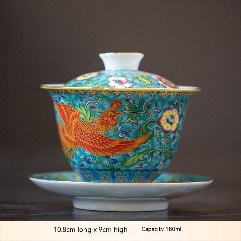 Enamel Ceramic Gaiwan Dragon And Phoenix Tea Cup