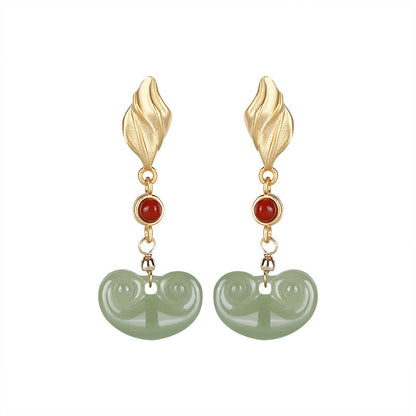 Gold-plated Inlaid Hetian Gray Jade Earrings Personality Southern Red