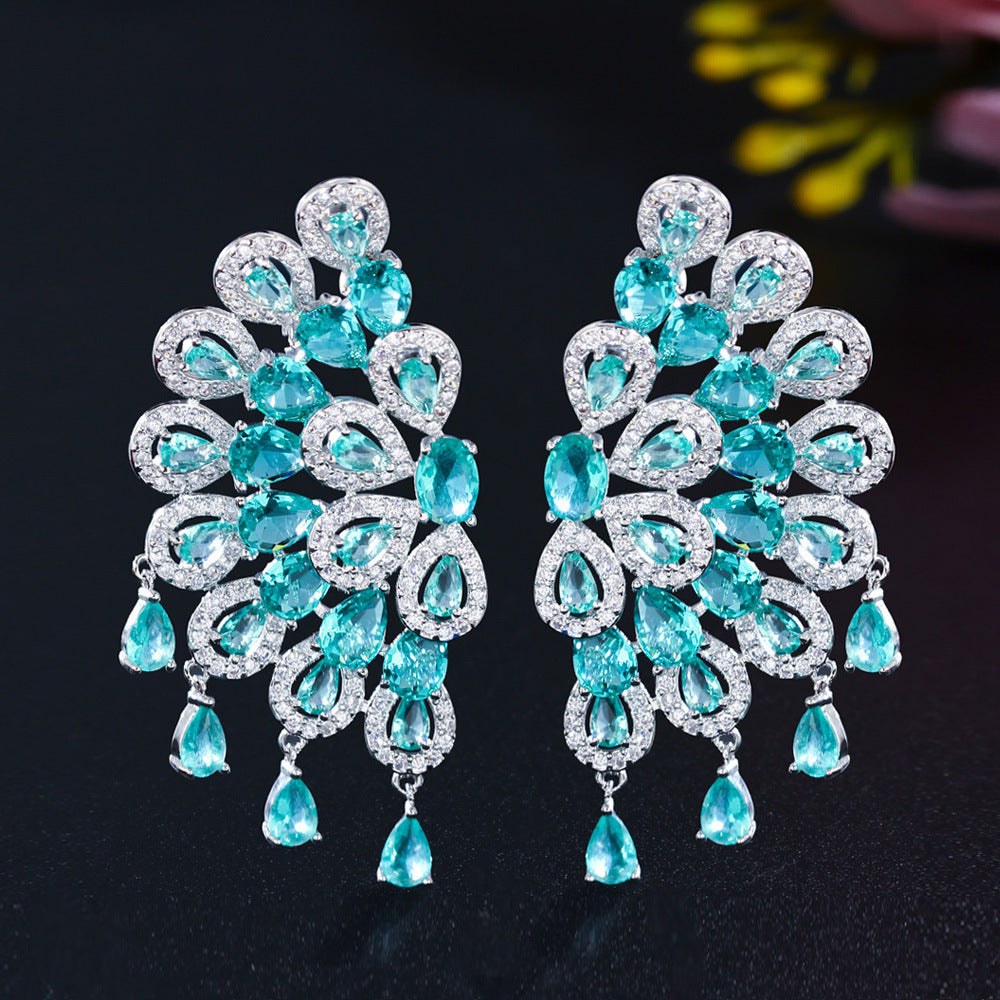 Light Luxury Long Fan-shaped Zircon S925 Silver Needle Earrings