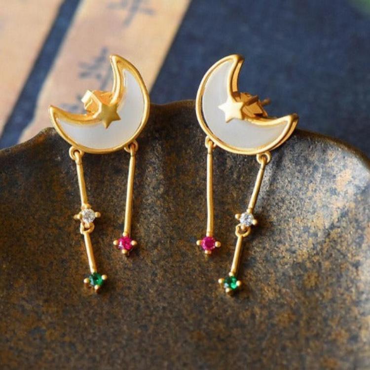 Star and Moon Stud Earrings with Hetian Jade Accent for Women
