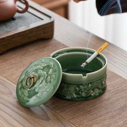 Ceramic Yue Kiln Celadon Ashtray With Cover For Wind Protection