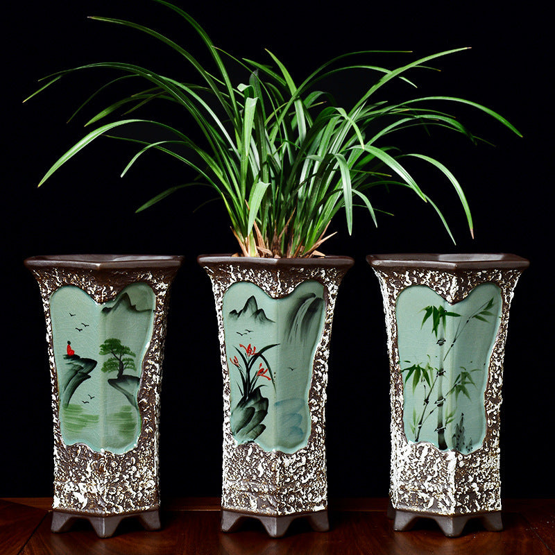 Chinese Style Retro Hand-painted Orchid Flower Pot Ceramic