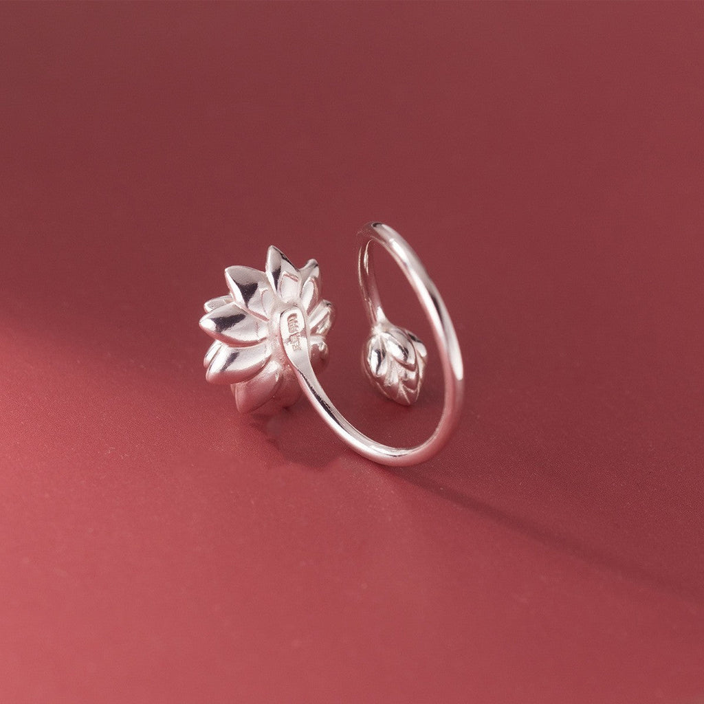 Chinese adjustable lotus ring with floral white copper finish
