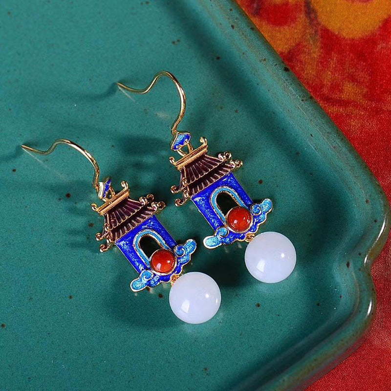 Palace Vintage Wind Hetian Jade Earrings Enamel Color