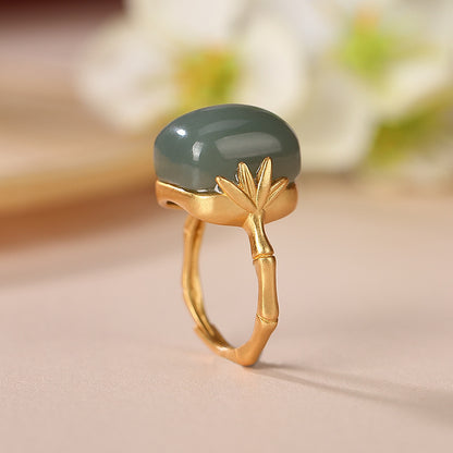 Women's Fashion Sterling Silver Gold Plated Hetian Jade Ring