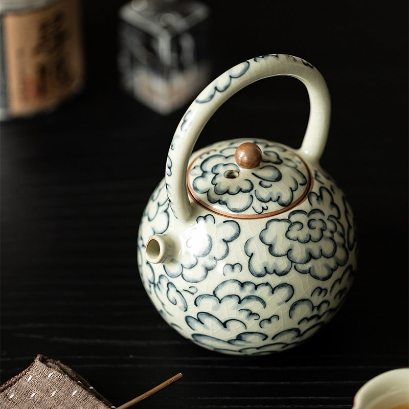 Black Tea Teapot Chinese Ru Porcelain Auspicious Cloud Lifting Beam Teapot-3