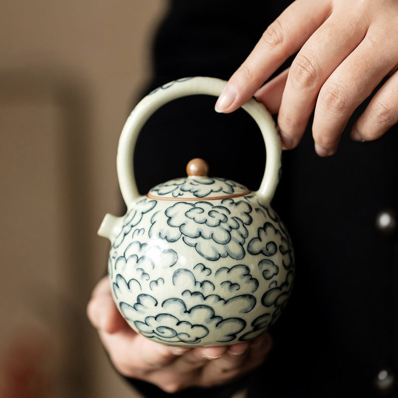 Black Tea Teapot Chinese Ru Porcelain Auspicious Cloud Lifting Beam Teapot-4