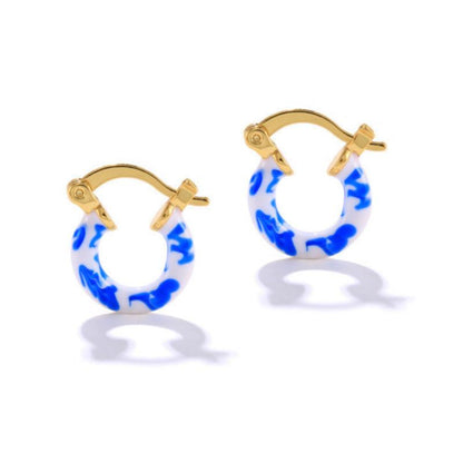 Blue and White Pottery Enamel Round Earrings-1