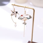 Creative Crane Ancient Fan Asymmetrical Long Earrings-1