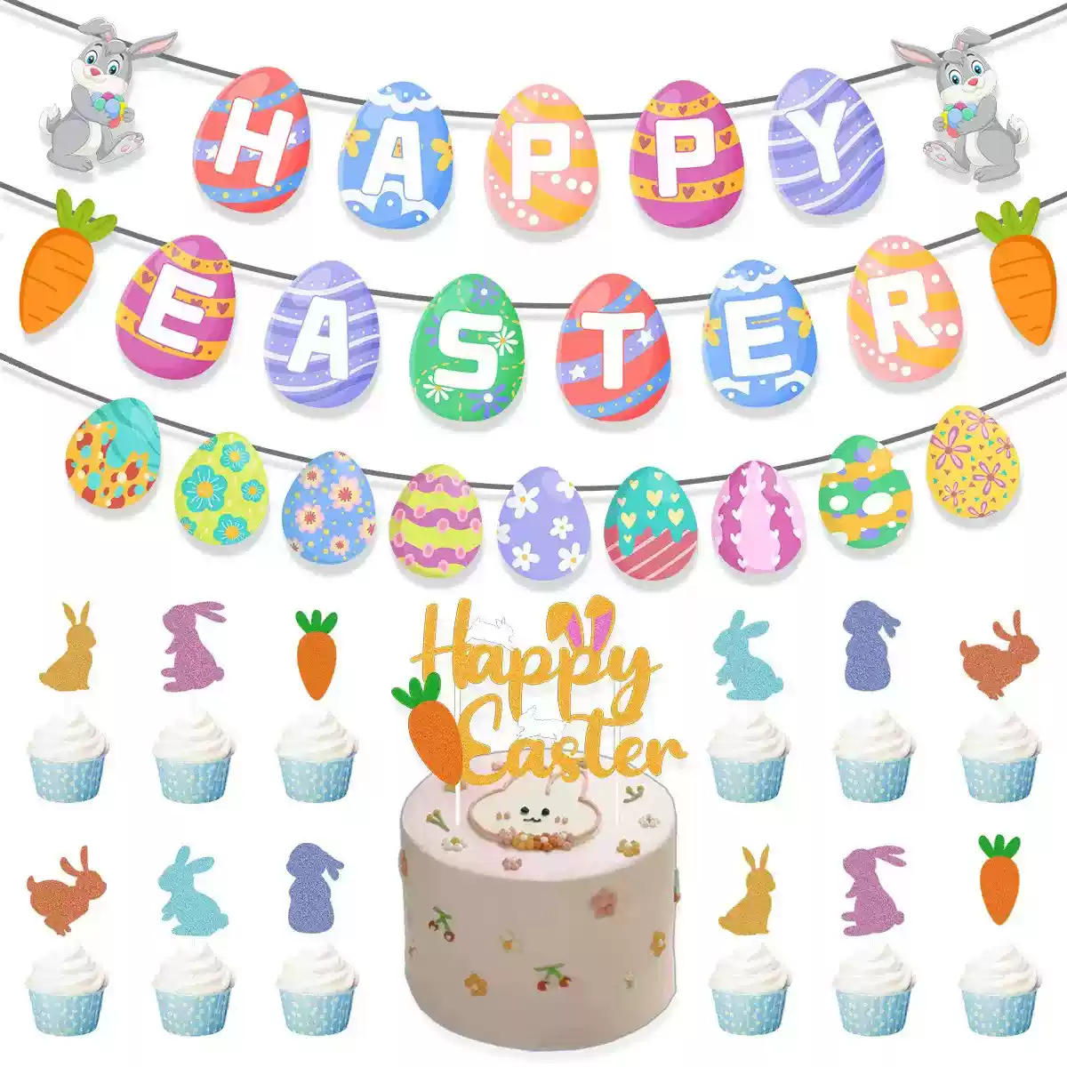 Easter Decorations Flag Banner Easter Egg Cake Inserts Balloon Party Decorations-3