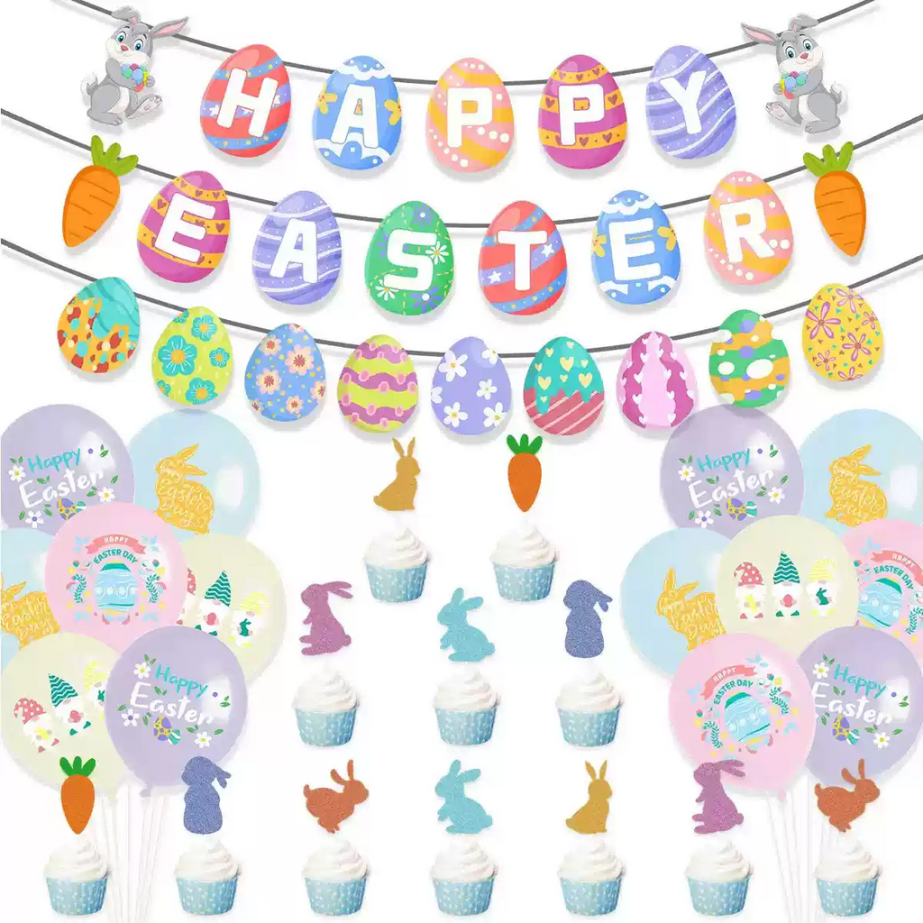 Easter Decorations Flag Banner Easter Egg Cake Inserts Balloon Party Decorations-4