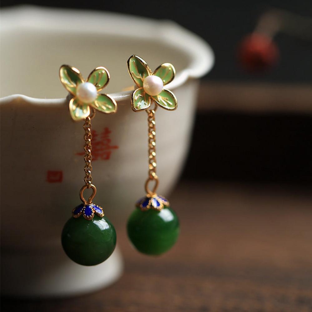 Four-leaf Clover Hetian Jade Enamel Earrings-2