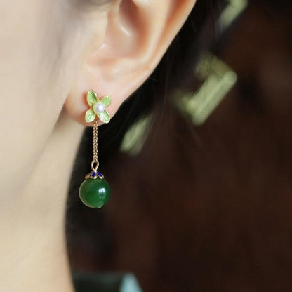 Four-leaf Clover Hetian Jade Enamel Earrings-3