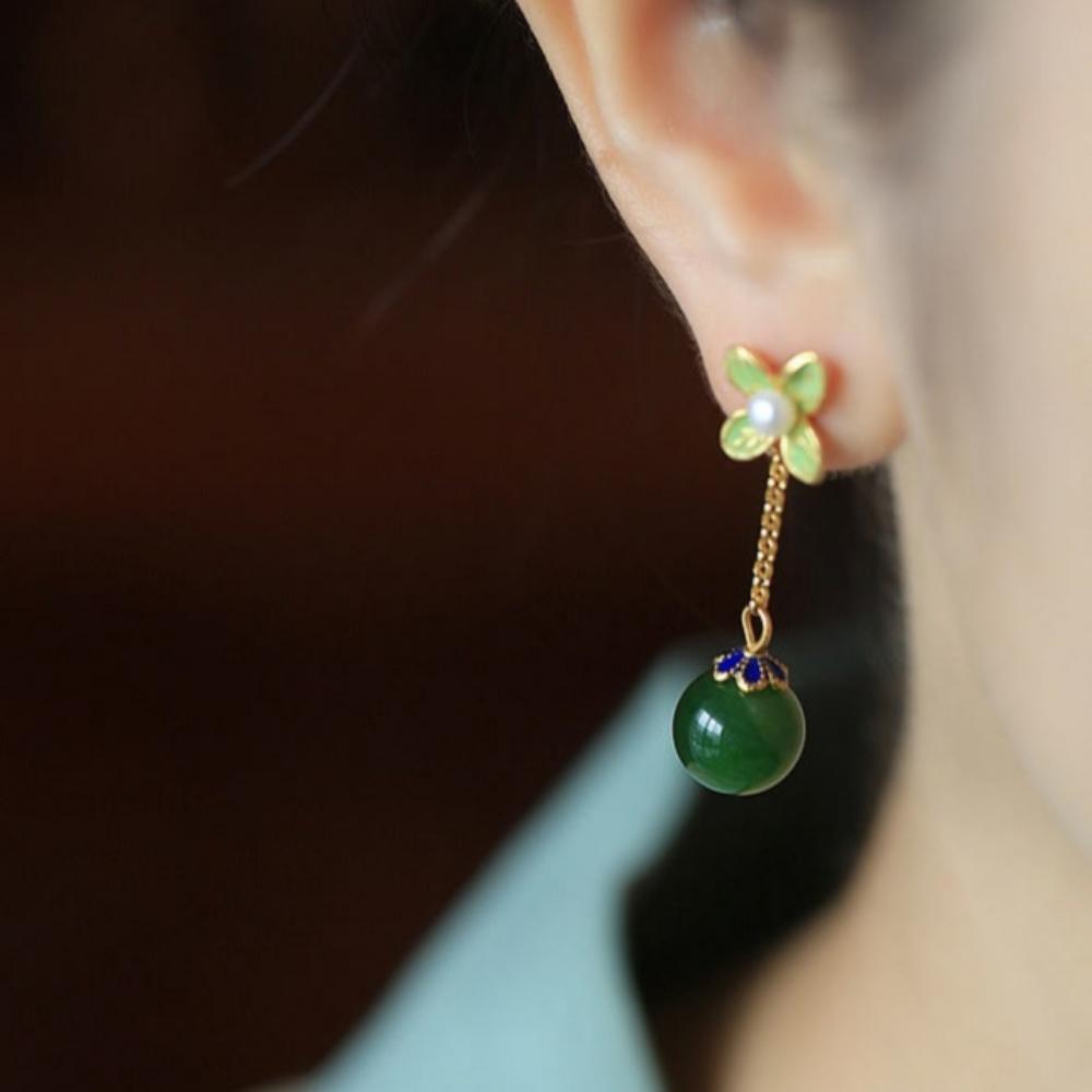 Four-leaf Clover Hetian Jade Enamel Earrings-4