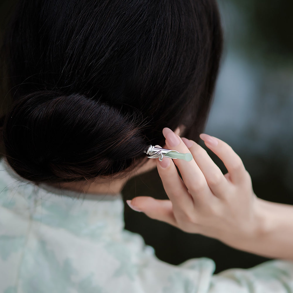 Natural Xiuyan Jade Bamboo Hairpin-4