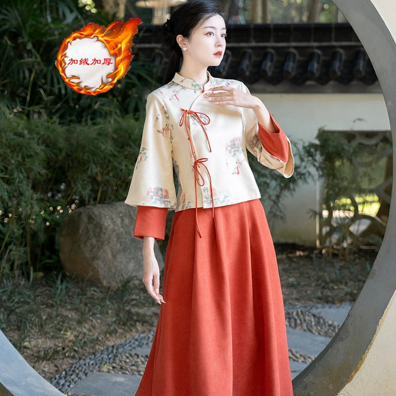 Spring and Autumn New Chinese Retro National Style Lady Print Deerskin Velvet Tang Costume Modified Hanfu Zen Tea Suit Set