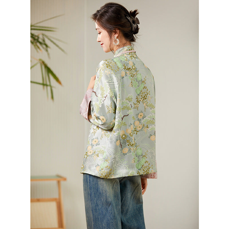 New Chinese style ethnic style 32 momme heavy silk tops women's autumn tang suit clothing