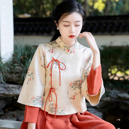 Spring and Autumn New Chinese Retro National Style Lady Print Deerskin Velvet Tang Costume Modified Hanfu Zen Tea Suit Set