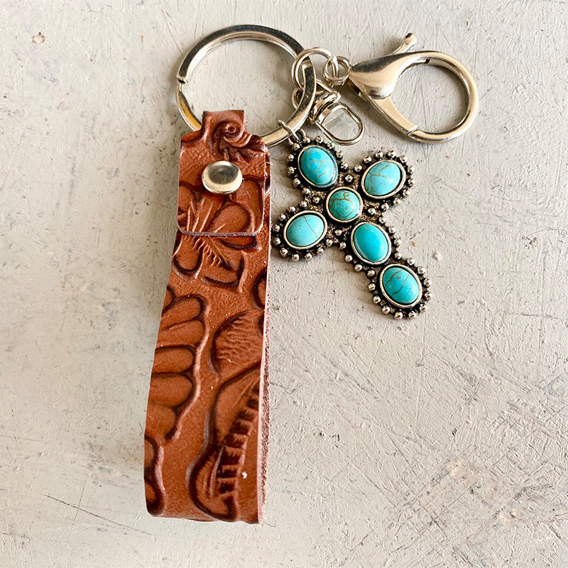 Retro Embossing Cowhide Western Style Turquoise Keychain