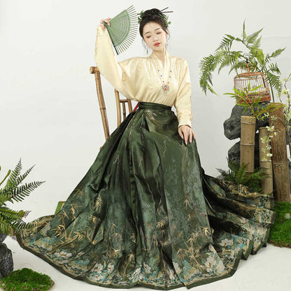 Luozhu [Bamboo Shadow] Ming Dynasty women's Hanfu woven gold makeup horse face skirt flat sleeve suit improved Hanfu