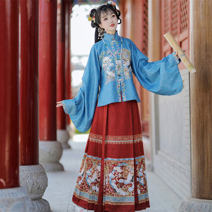 Ming Dynasty women's Hanfu new style full set of horse-faced skirt stand-up collar and mid-sleeved jacket