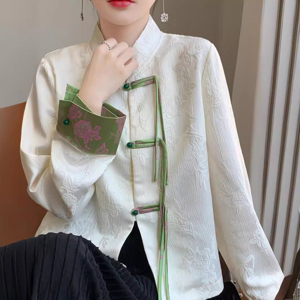 Spring new retro Tang jacket versatile color-blocked buckle suit women's high-end sense of new Chinese style coat