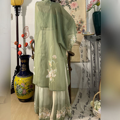 Baili Mingqing Original [Qinglou] Women's Hanfu Song Dynasty Printed Long Silk Waist-Length Pleated Skirt