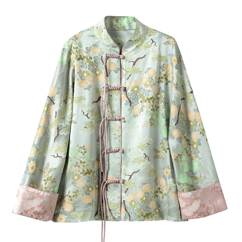 New Chinese style ethnic style 32 momme heavy silk tops women's autumn tang suit clothing