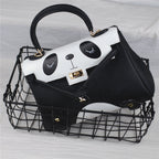 Panda Printing Genuine Cowhide Lychee Lines Women Commuting Bag-2