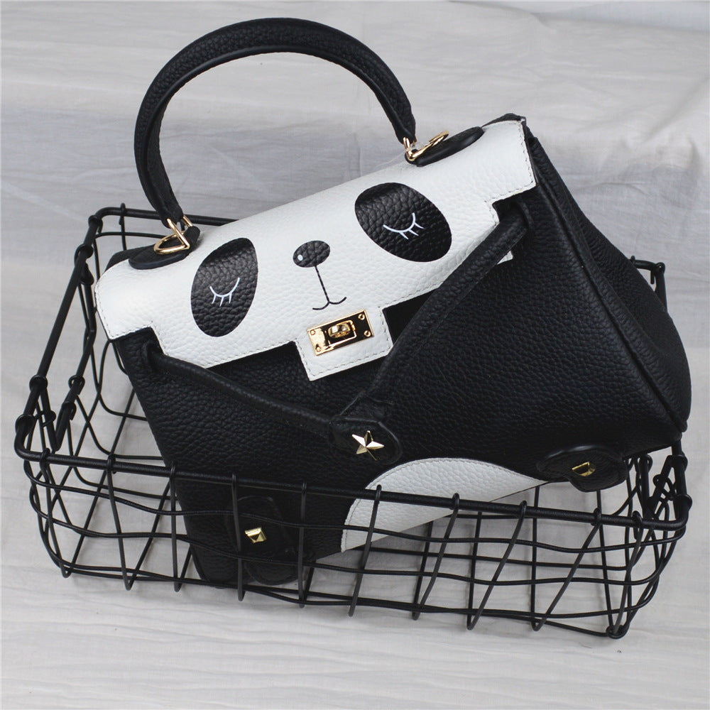 Panda Printing Genuine Cowhide Lychee Lines Women Commuting Bag-2
