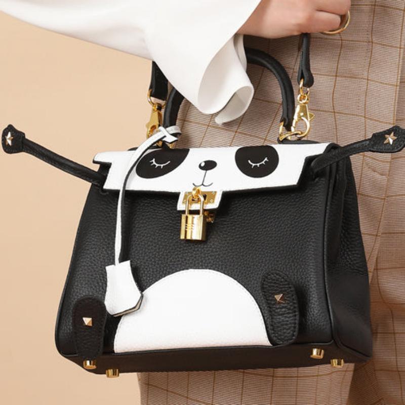 Panda Printing Genuine Cowhide Lychee Lines Women Commuting Bag-4