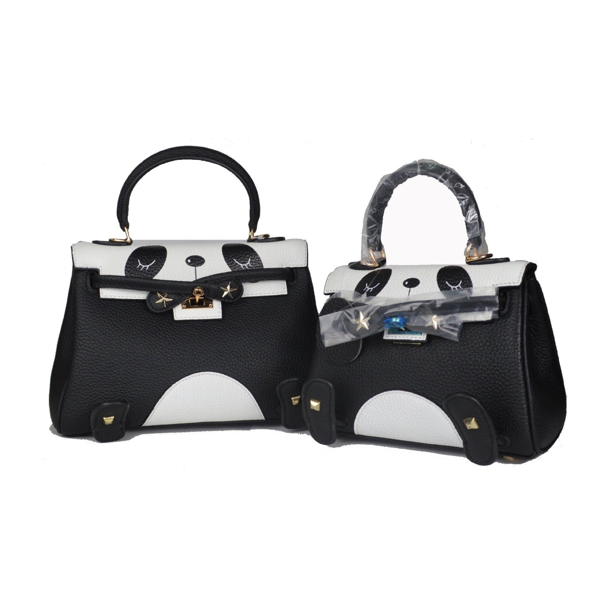Panda Printing Genuine Cowhide Lychee Lines Women Commuting Bag-5