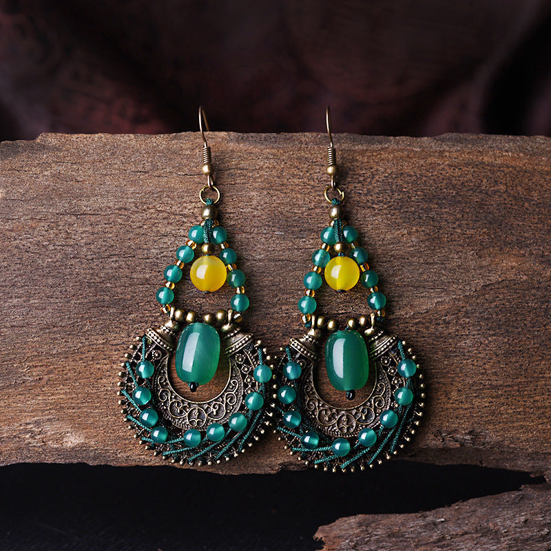 Yunnan Ethnic Style Antique Copper Green Agate Earrings-1
