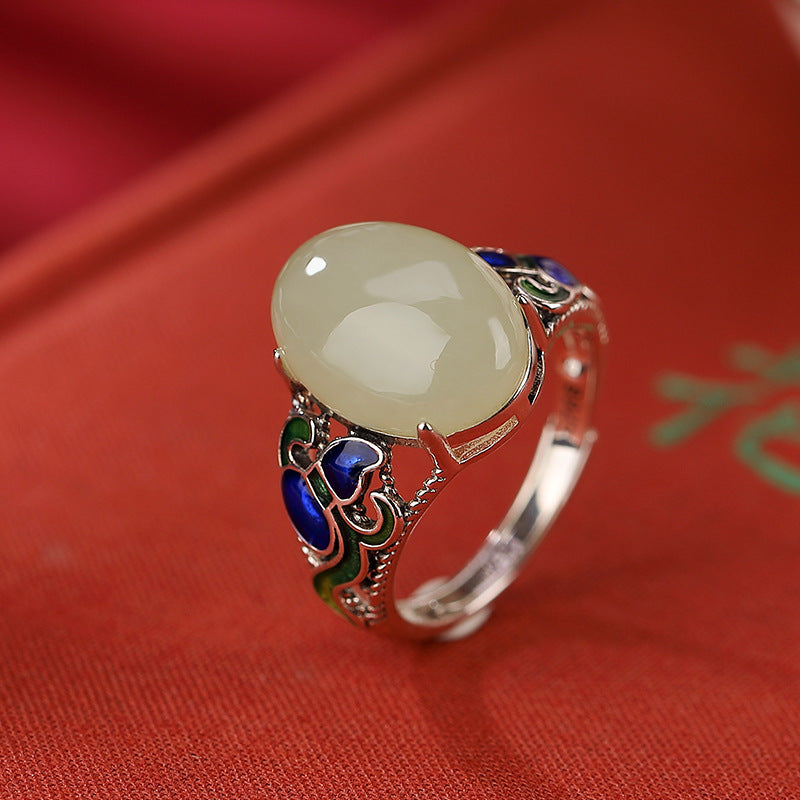 Hotan Jade Vintage Temperament Wind Egg Face Pattern Hollow Out Ring