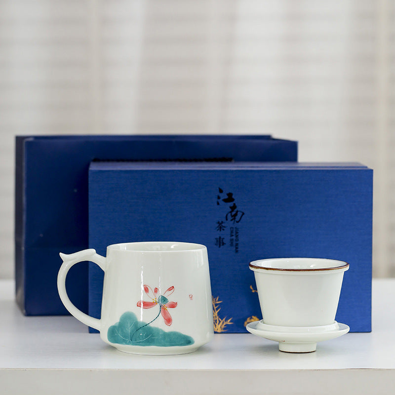 White Porcelain Celadon Household Hand-painted Filtered Tea Cup With Lid